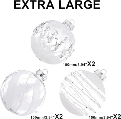 XmasExp Shatterproof Clear Plastic Christmas Ball Ornaments 100mm/3.94" 6pcs Christmas Decorations Decorative Xmas Balls Baubles Set with Stuffed Delicate Decorations (Snow White, 100mm/3.94")