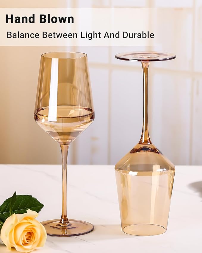 Physkoa Brown/Amber Wine Glasses Set of 6-15oz Hand Blown Crystal Colored Wine Glasses with Long Stem, Wedding, Birthday, Valentines Day Glassware