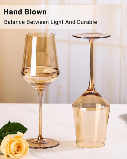 Physkoa Brown/Amber Wine Glasses Set of 6-15oz Hand Blown Crystal Colored Wine Glasses with Long Stem, Wedding, Birthday, Valentines Day Glassware