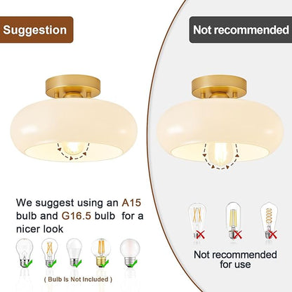 Mid-Century Modern Gold Semi Flush Mount Ceiling Light, Kitchen Ceiling Light Fixture with Glass Shade, Vintage White Close to Ceiling Lamp for Entryway Hallway Bathroom (11.0 Inch)