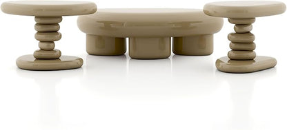 24/7 Shop at Home Kavren Modern 37-inch 3-Piece Oval Glossy Low Profile Coffee Table Set, Stone Shape Living Room Furniture for Small Space, Light Brown