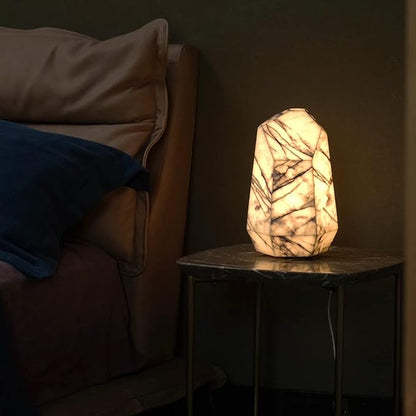 Handcrafted Real Marble Table Lamp, Stone Lamp with Tri-Color Dimmable LED, Bedside Lamp, Small Table Lamp for Home Decor, Table Lamp for Bedroom Living Room, Multifacet