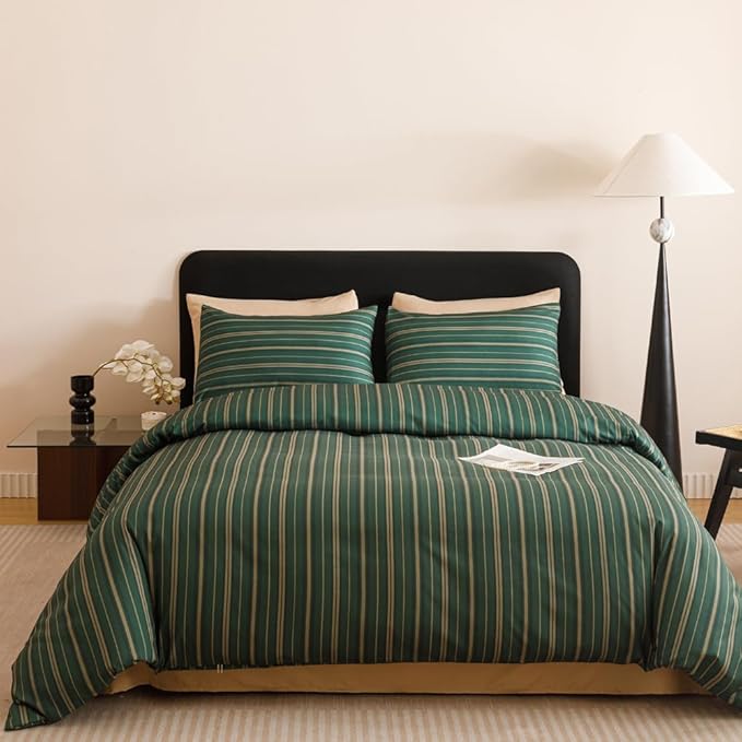 CLOTHKNOW Green Striped California King Comforter Set Green Khaki Black Bedding Comforter Sets Ticking Farmhouse Comforter with 2 x Pillowcases
