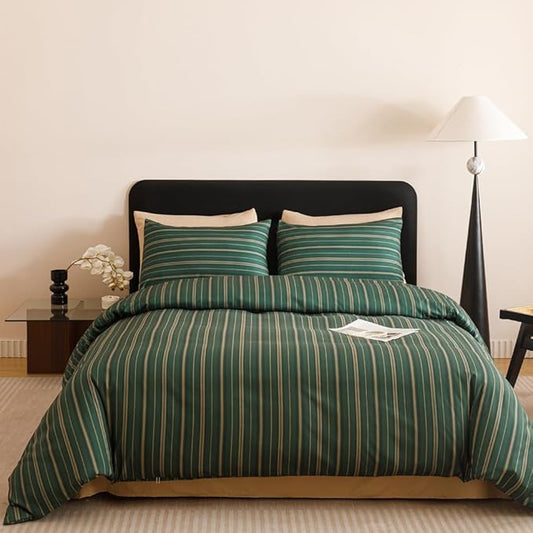 CLOTHKNOW Green Striped King Size Comforter Set 3Pcs Farmhouse Bedding Comforter Sets Ticking Farmhouse Comforter with 2 Pillow Cases