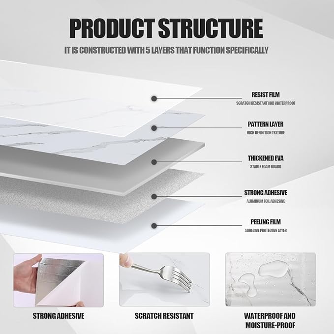 10pcs Marble Peel and Stick Backsplash Waterproof Washroom Wall Panels, Peel and Stick Tile, PVC Foam Wall Panels for Kitchen,Bathroom,Living Room,White and Grey(Not Real Tile,11.8" x 11.8")