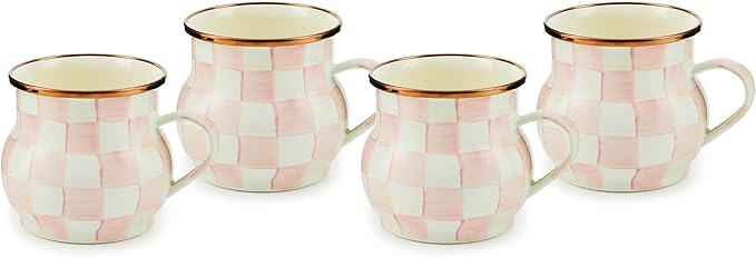 MACKENZIE-CHILDS Enamel Mug, Cute Enamelware Coffee and Tea Mug, Unique Drinkware, 16 Ounces, Pink-and-White Rosy Check, Set of 4