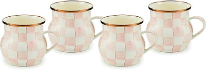 MACKENZIE-CHILDS Enamel Mug, Cute Enamelware Coffee and Tea Mug, Unique Drinkware, 16 Ounces, Pink-and-White Rosy Check, Set of 4