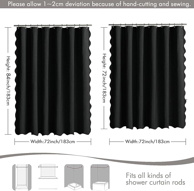 MIULEE Black Scalloped Shower Curtain Linen Textured with 12 Metal Hooks Cute Heavy Duty Washable Waterproof Thick Cloth Halloween Shower Curtains with Black Border for Bathroom Hotel Bathtub,W72*L72