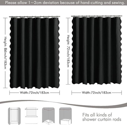 MIULEE Black Scalloped Shower Curtain Linen Textured with 12 Metal Hooks Cute Heavy Duty Washable Waterproof Thick Cloth Halloween Shower Curtains with Black Border for Bathroom Hotel Bathtub,W72*L72