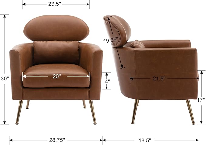 Brown Accent Chair PU Leather Upholstered Living Room Chairs Mid Century Modern Arm Chair w/Golden Legs for Bedroom/Reading/Lounge/Reception