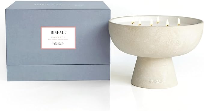 BLUEME Romance - Oakmoss & Sandalwood, Luxury Candle w/Essential Oils, 6 Wick, Hand-Poured Soy, Cotton Wick, Ceramic