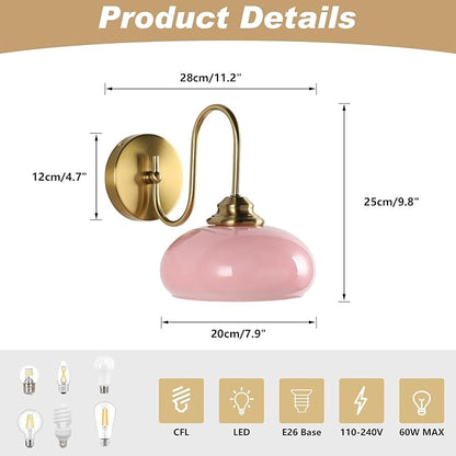 KCO Lighting Pink Wall Sconce Brushed Gold Bathroom Light Fixtures Glass Globe Wall Light Mid Century Modern Wall Sconce Vintage Bathroom Sconces Wall Lighting Set of 2