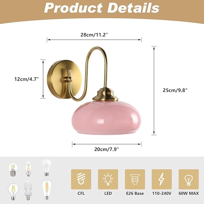 KCO Lighting Nordic Pink Glass Globe Wall Sconce Light Mid Century Modern Gold Wall Light Brushed Brass Wall Sconce Lamp Bedroom Wall Sconces Hardwired Indoor Sconce Wall Lighting