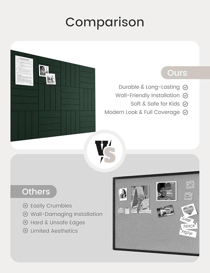 Bumusty Large Cork Board Alternative-47 x35 Felt Bulletin Board Tiles, with 30 Pushpins, 70 Adhesive Tabs, 12-Pack Slat Wall Paneling, Cork Boards for Office Push Pin Board Felt Board-Aurora Green