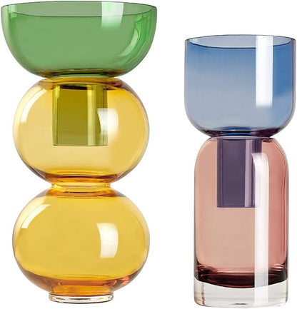 Cloudnola Reversible Glass Flower Vase and Bud Vase Lemon Set of 2, Green & Yellow and Blue & Pink, Ideal Gift Set, for Home, Wedding, and Event Décor (Lemon)