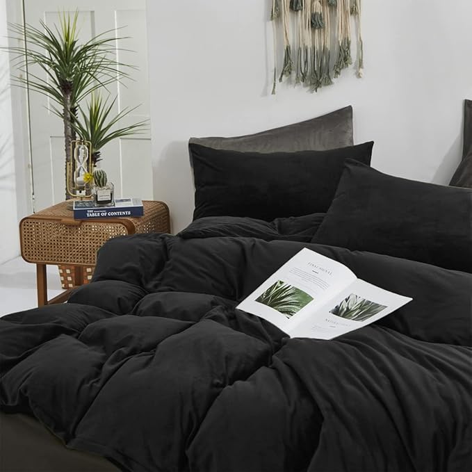 Pureant Black Fluffy Comforter Set Queen Solid Velvet Bedding Comforters Plain Flannel Bed Quilts Women Men Modern All Soft Cozy Blankets Micromink Sherpa Health,Queen(90''*90''-Comforter)