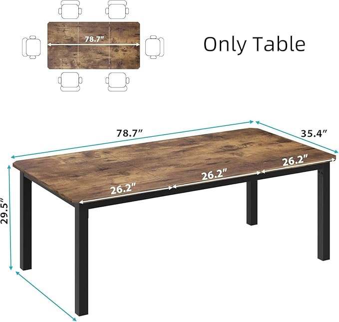 IDEALHOUSE 78.7" Long Rectangle Dining Table for 6-8 People, Industrial Wood Dinner Table (Only Table) (Retro)