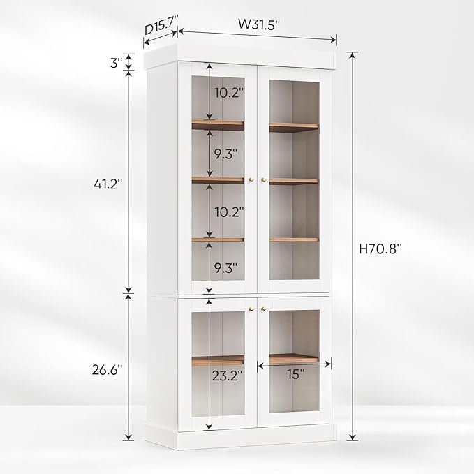 Vyre 70.8" Tall White Bookshelf with Glass Doors, Farmhouse Modular Bookcase with 6-Tier Adjustable Shelves, Large Storage Cabinet for Home Office, Living Room, Set of 4