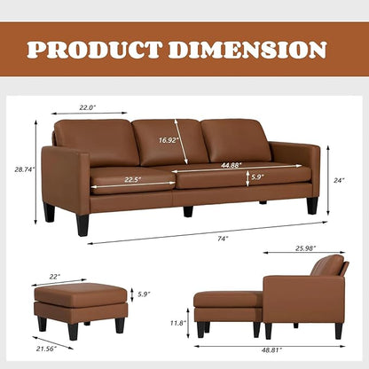 Small Sectional Sofa L Shape Convertible Leather Sleeper Couch with Lounge for Living Room Office Apartment, Brown