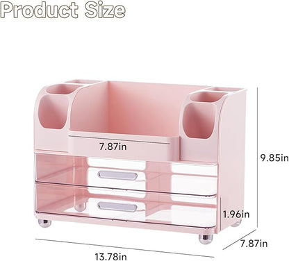 Makeup Organizer for Vanity with 2 Large Drawers, Cosmetic Display Case with Brush Holders, Easy to Storage for Bathroom Countertop Skincare, Desk Office Supplies, Pink