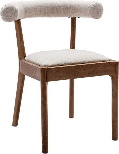 Wood Dining Chairs Set of 2, Mid Century Modern Living Room Chairs with Unique Curved Open Back Comfy Linen Upholstered Side Chair for Kitchen/Restaurant/Reception, Beige