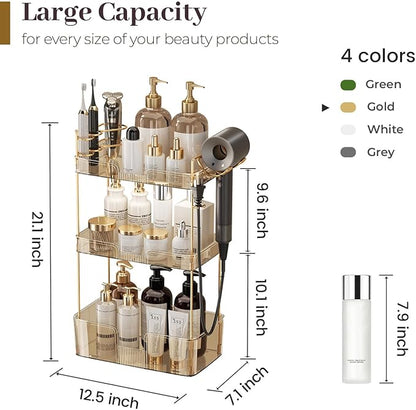 Aveniee Bathroom Counter Organizer,3 Tier Skincare Perfume Countertop Storage with Hair Dryer Rack and Toothbrush Holder, Cosmetic Makeup Tray for Vanity - Gold