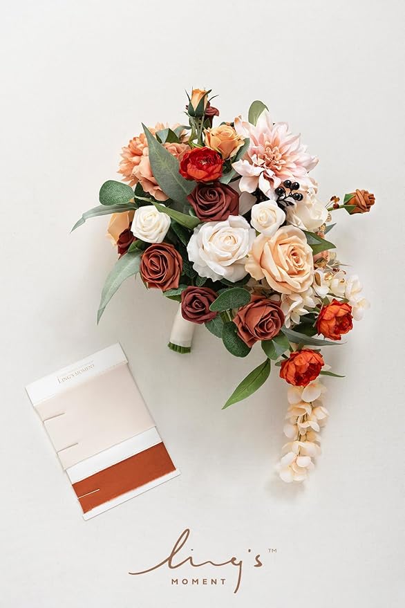 Ling's moment Terracotta Bridal Bouquet Cascading, Orange Wedding Bouquets for Bride, 13 Inch Bride Bouquets for Wedding Artificial Flowers Bouquets