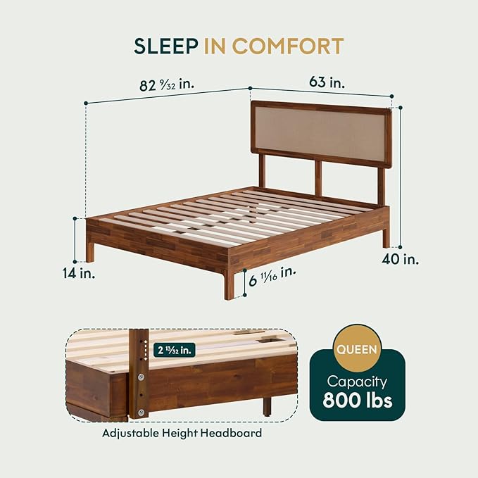 Bme Nipe Bed Frame with Headboard, Bohemian and Mid-Century Modern Style, Solid Acacia Wood Platform Bed with Slat Support, No Box Spring Needed, Easy Assembly, Queen - Dark Chocolate