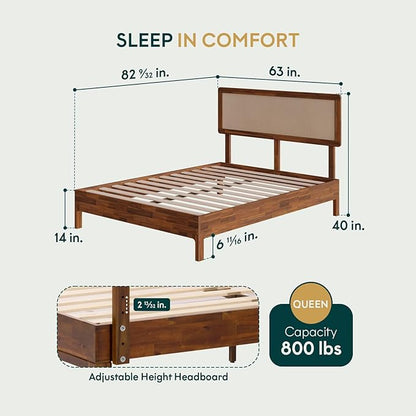 Bme Nipe Bed Frame with Headboard, Bohemian and Mid-Century Modern Style, Solid Acacia Wood Platform Bed with Slat Support, No Box Spring Needed, Easy Assembly, Queen - Dark Chocolate