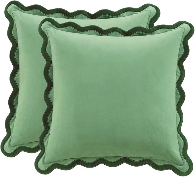 MONDAY MOOSE Decorative Throw Pillow Covers Cushion Cases, Set of 2 Soft Velvet Scalloped Wavy Edge Designs, Mix and Match for Home Decor, Pillow Inserts Not Included (Green/Light Green, 20x20 inch)