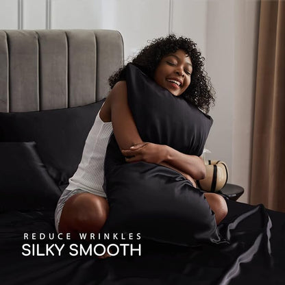 MR&HM Satin Bed Sheets, Queen Size Sheets Set, 6 Pcs Silky Bedding Set with 15 Inches Deep Pocket for Mattress (Queen, Black)