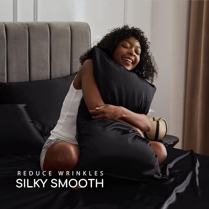 MR&HM Satin Bed Sheets, Full Size Sheets Set, 6 Pcs Silky Bedding Set with 15 Inches Deep Pocket for Mattress (Full, Black)