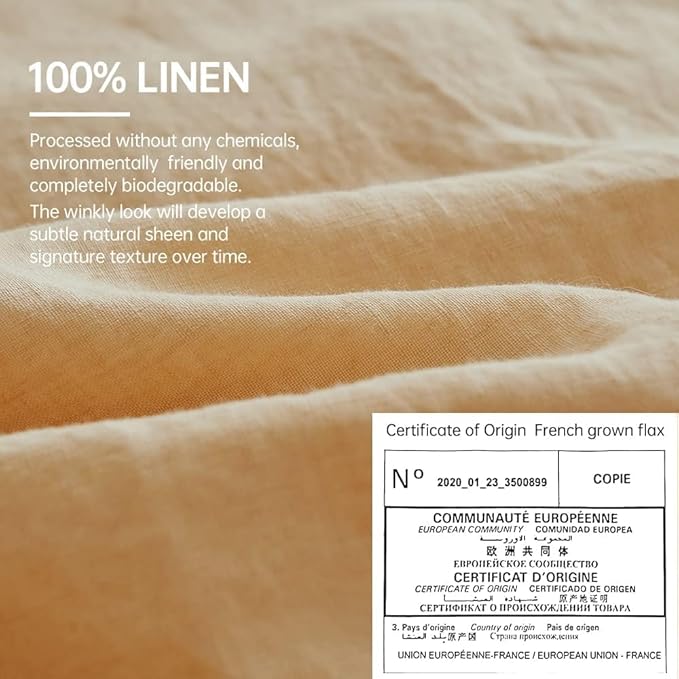 Simple&Opulence 100% Linen Duvet Cover Set, 3 PCS Natural French Flax Sand Duvet Cover Queen Size, Breathable Soft Comfy Linen Bedding Comforter Cover with 2 Pillowcases(Sand, 88"x92")