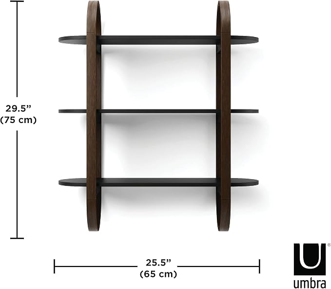 Umbra Bellwood Wall-Mount Book Shelf Display Case with Three Shelves, Black/Walnut
