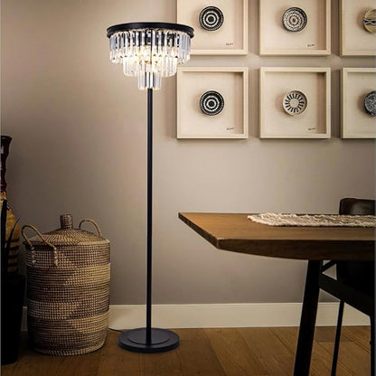 Wellmet 4 Lights Black Floor Lamp, Modern 3 Tiers Crystal Standing Lamp for Living Room Bright Lighting, Elegant Tall Crystal Floor Lamp with Foot Switch for Reading Room, Bedroom, Office (E12 Base)