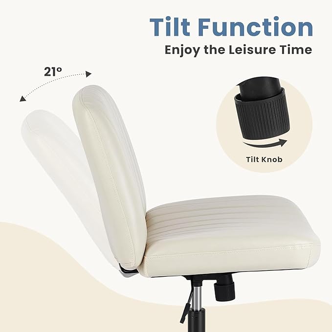 DUMOS Criss Cross Chair with Wheels, Legged Office Armless Wide Desk Seat Dual-Purpose Base, Adjustable Swivel Leather Task Vanity Home Desk Seating, Cream