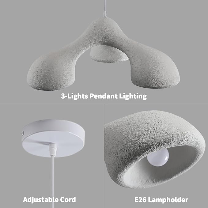 JAYMP 3-Lights Pendant Light Fixture for Dining Room Kitchen Island Restaurant E26 Base Mid Century Modern Hanging Lamp 1 Pack (Matte White,E Shape, 72cm/28.3in)
