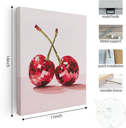 APJYM Funky Y2K Disco Ball Cherry Wall Art, Trendy Retro 70s Preppy Pink Girly Cherry Aesthetic Canvas Wall Art for Girls Room Bedroom Dorm Apartment Decor, 11x14 Inches Framed