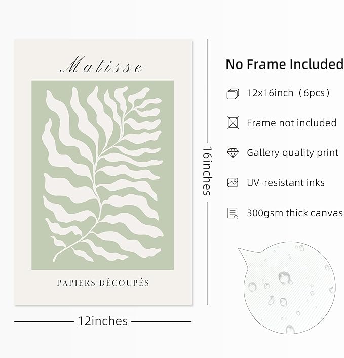 Henri Matisse Wall Art Prints Pink Blue Canvas Wall Decor Aesthetic Abstract Pictures Wall Art Danish Pastel Painting Henri Matisse Poster Trendy Plant Artwork for Bedroom 12x16 Inch Unframed Set of 6