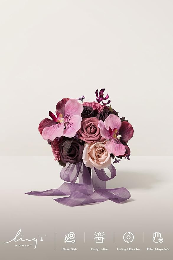 Ling's moment Bridesmaid Bouquet, Plum & Plum Lily Wedding Bouquets for Bridesmaids, Purple 7 Inch Bridal Bouquets for Bridesmaids, Wedding, Ceremony, Anniversary, etc.