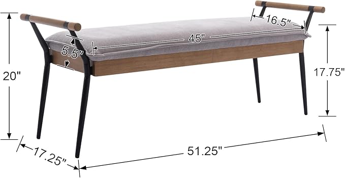 DUOMAY Modern Rectangle Ottoman Bench with Arms and Metal Legs, Mid Century Chenille Fabric Dining Table Bench Footstool Entryway Shoe Bench for Dining Room Bedroom Living Room, Grey