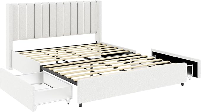 Queen Size Boucle Upholstered Platform Bed Frame with Vertical Stripes Tufted Headboard 2 Drawers Storage Wooden Slat Mattress Support Easy to Assemble No Box Spring Needed Noise Free No Slip Ivory