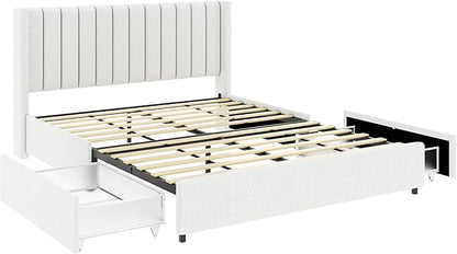 Queen Size Boucle Upholstered Platform Bed Frame with Vertical Stripes Tufted Headboard 2 Drawers Storage Wooden Slat Mattress Support Easy to Assemble No Box Spring Needed Noise Free No Slip Ivory