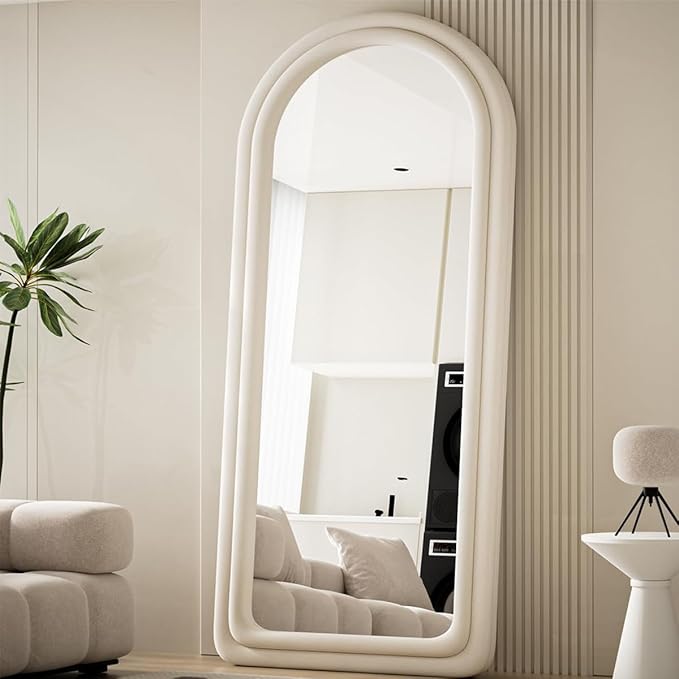 Koonmi 71"x32" Arched Mirror Full Length, Full Body Freely Standing Mirror, Flannel Floor Mirror with Stand for Bedroom, Living Room, Hanging or Against The Wall, White