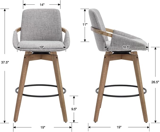 Mid-Century Swivel Bar Stools Set of 6, 26.5 inch Counter Height Barstools Linen Fabric Bar Chairs with Wooden Frame for Kitchen Island Dining Room, Grey