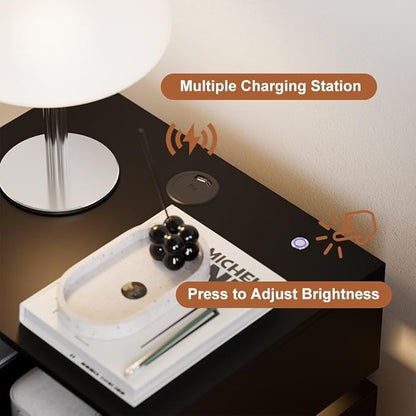 homary Smart Night Stand with Wireless Charging Station - Smart LED Nightstand with 2 Drawers, Black Bedside Table for Bedroom Living Room