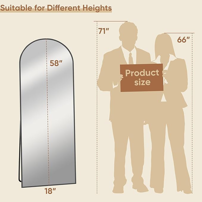 58"x18" Full Length Mirror, Arched Full Body Mirror, Standing Hanging or Leaning Floor Mirror for Bedroom and Living Room, Black