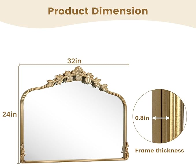 WallBeyond Gold Antique Mirror for Vanity 32x24 Inch, Gold Vintage Mirror with Ornate Frame, Arched Vintage Wall for Bathroom, Living Room, Fireplace