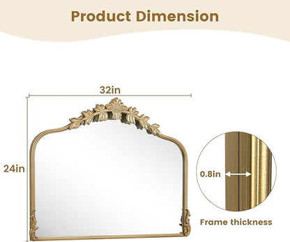 WallBeyond Gold Antique Mirror for Vanity 32x24 Inch, Gold Vintage Mirror with Ornate Frame, Arched Vintage Wall for Bathroom, Living Room, Fireplace