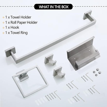 Brushed Nickel Bathroom Towel Bar Set Bathroom Accessories Hardware Set Including Towel Bar Towel Ring Coat Hook and Toilet Paper Holder with Shelf. Wall Mounted Stainless Steel
